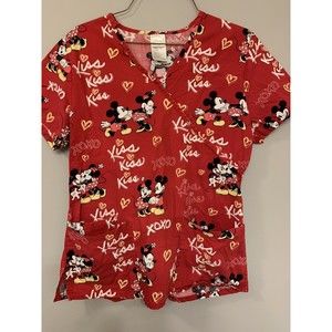 Disney Mickey & Minnie Mouse Valentines Scrub Top Size Xs Red